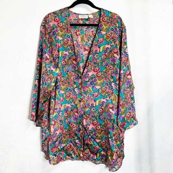 Victoria's Secret Silk Floral Tunic Blouse Womens Medium VTG Cardigan Cover Up - Picture 1 of 11